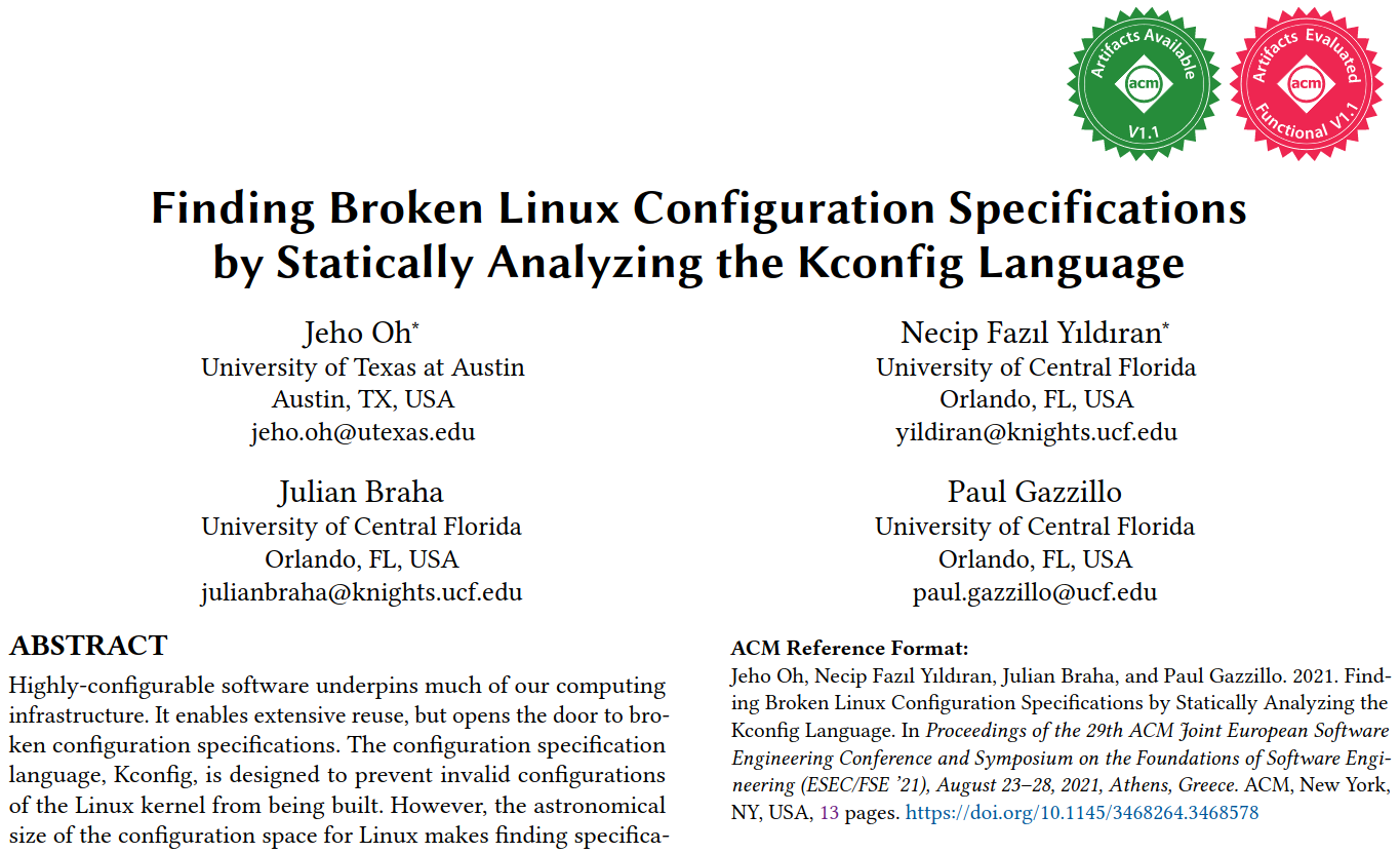 Finding Broken Linux Configuration Specifications by Statically Analyzing the Kconfig Language